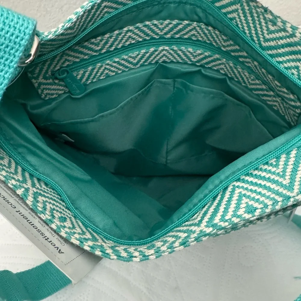 NEW Thirty One Organizing Shoulder Bag Turquoise Graphic Weave Crossbody Purse - Picture 7 of 10